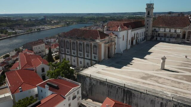 Drone shot of Joanina Library building, on the Coimbra University meeting square