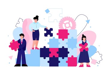 Creative business team banner - people solving jigsaw puzzle together. Worker group holding puzzle pieces and looking for problem solution, vector illustration.