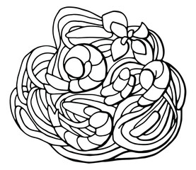 Shrimp pasta. Italian Cuisine. Line art. White background, isolate. Stock illustration.