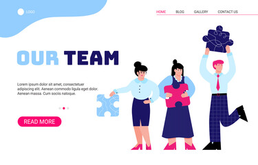 The business team holds the pieces of the puzzle in their hands. The concept of successful goal achievement, teamwork, and partnership. Vector landing page template.