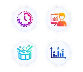 Time, Drums and Presentation icons simple set. Button with halftone dots. Survey results sign. Clock, Drumsticks, Education board. Best answer. Education set. Gradient flat time icon. Vector