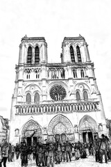 drawing style representing the main facade of the Notre Dame cathedral in Paris