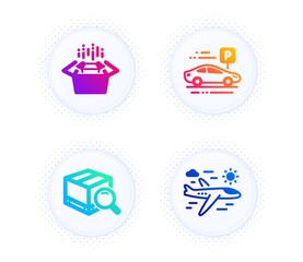Search package, Packing boxes and Car parking icons simple set. Button with halftone dots. Airplane travel sign. Tracking service, Delivery box, Transport place. Trip flight. Vector