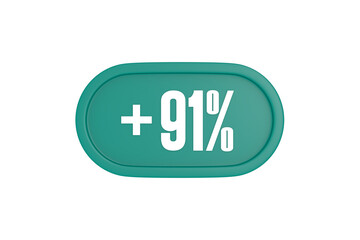 91 Percent increase 3d sign in teal color isolated on white background, 3d illustration.