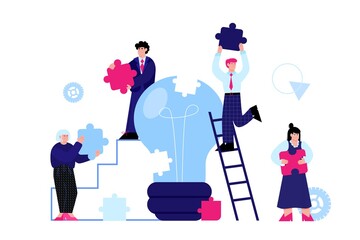 Business team solving creative puzzle together - cartoon people holding jigsaw pieces creating a lightbulb symbol in teamwork. Lightbulb vector illustration.