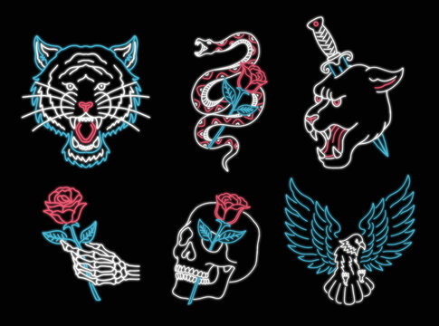 Set of neon light animals, skulls and roses.
tiger, panther, snake and eagle vector illustration.