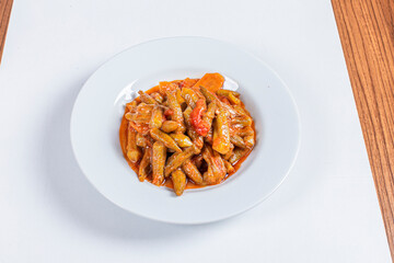 Turkish Traditional Soup with bread on white rustic wooden background, Bamya Yemeği.
