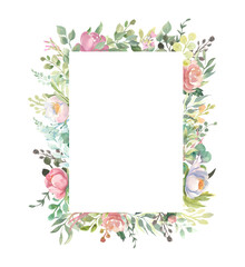 Fototapeta na wymiar Pre made collection, frame - cards with pink flower bouquets, leaf branches. Wedding ornament concept. Floral poster, invite. 