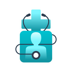 First medical aid icon for emergency or therapist - combination of human silhouette, stethoscope and medical cross - isolated vector emblem