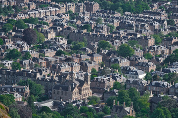 Fototapeta na wymiar Aerial view of a beautiful neighbourhood in Edinburgh, with its traditional old buildings
