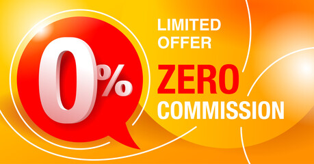 0 percents banner - zero commission special offer layout template with 3D yellow zero digit and red background - vector promo limited offers flyer
