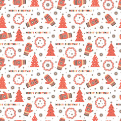 Fototapeta na wymiar Merry Christmas. New Year. Celebratory seamless pattern. Xmas background with Mitten, Christmas wreath, Christmas tree, Snowflakes. Holiday background 