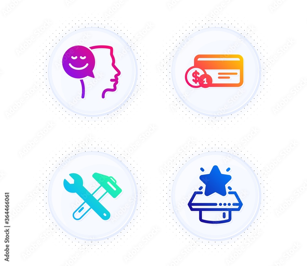 Poster good mood, spanner tool and payment method icons simple set. button with halftone dots. winner podiu