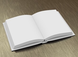 Hard-cover open book template. 3D rendering.