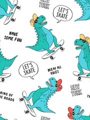 Seamless pattern with cute dinosaurs for kids fashion. Skate theme vector illustrations. © cddesign.co