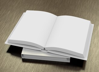 Hard-cover open book template. 3D rendering.