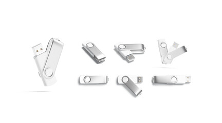 Blank white opened and closed usb stick mockup, different views