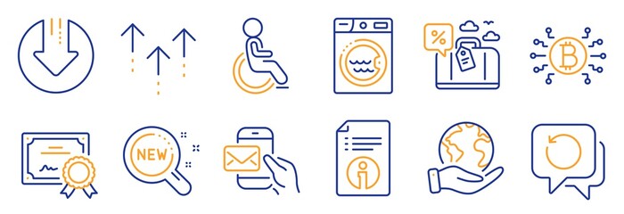 Set of Technology icons, such as Laundry, Download arrow. Certificate, save planet. Swipe up, Travel loan, Recovery data. Technical info, Bitcoin system, Messenger mail. Vector
