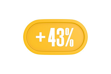 43 Percent increase 3d sign in yellow isolated on white background, 3d illustration.