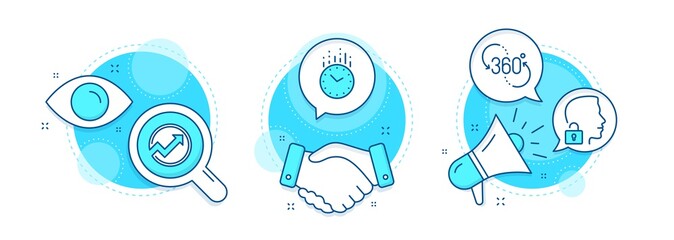 360 degree, Time and Audit line icons set. Handshake deal, research and promotion complex icons. Unlock system sign. Virtual reality, Clock, Arrow graph. Access granted. Science set. Vector