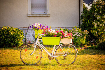 Fototapeta na wymiar Fahrrad mit Blumen in einem Vorgarten vor einem Haus