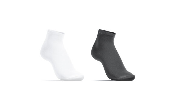 Blank black and white ancle socks mockup set, half-turned view
