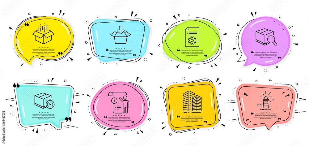 Poster technical documentation, search package and skyscraper buildings signs. speech bubbles with quotes. 