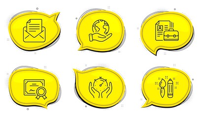 Timer sign. Diploma certificate, save planet chat bubbles. Mail correspondence, Vacancy and Creativity line icons set. E-mail newsletter, Hiring job, Graphic art. Deadline management. Vector