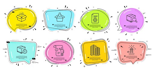 Technical documentation, Search package and Skyscraper buildings signs. Speech bubbles with quotes. Open box, Lighthouse and Get box line icons set. Delivery timer, Manual doc symbols. Vector