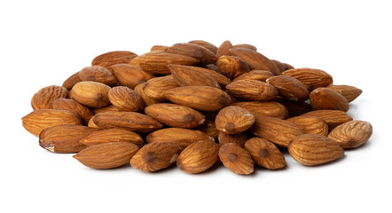 Heap of roasted almonds isolated on white