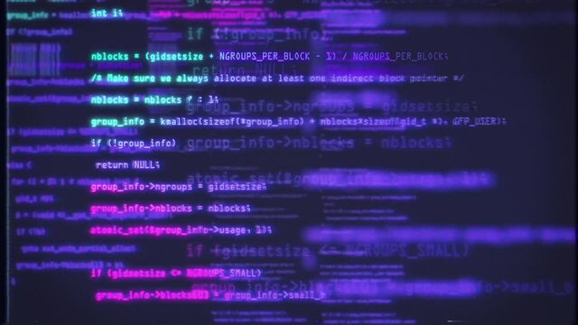 Blocks of abstract program code are written and moved on old screen monitor. Blue and purple code. Data flow animation. IT, software development and hacking concept. encrypted security code. VHS style