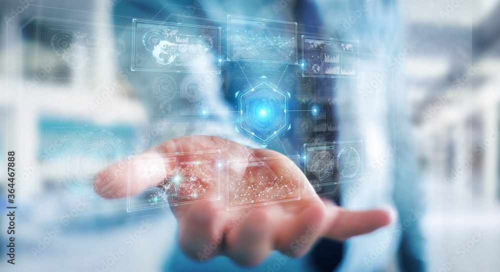 Poster businessman using digital technological interface with datas 3d rendering