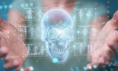 Woman using digital x-ray skull holographic scan projection 3D rendering