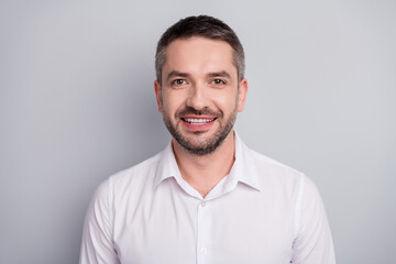 Fototapeta premium Close-up portrait of his he nice attractive cheerful cheery mature man skilled it specialist expert shark wearing white shirt isolated over light gray pastel color background