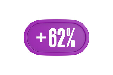 62 Percent increase 3d sign in purple isolated on white background, 3d illustration.	