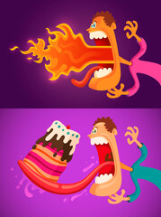 Comic characters with flaming mouth and delicious cake. Vector illustration.