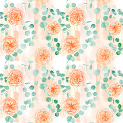 Seamless Pattern with Peach and Orange with English Rose Austin Flower and Eucalyptus Background and Eucalyptus