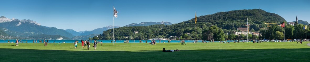 Very large panoramic view of  Annecy lake embankment. Haute-Savoie, France