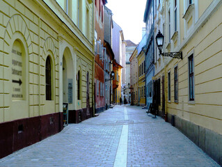 Narrow alley in old part of downtown in Gyor, Hungary. stucco exterior facades and arched windows. cobblestone pavement. tourists walking in a distance. vintage wrought iron sconce on exterior wall.