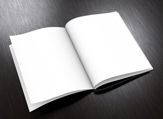 Open soft-cover book on a dark wooden table. 3D rendering.