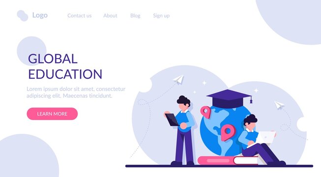 Concept of global education. Boy standing in front of books and globe with cap. Study abroad, international student exchange program. Modern flat illustration.