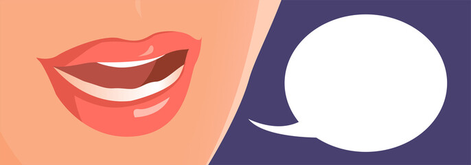 Female mouth is talking. Empty cloud for any text. Closeup banner illustration. Comic book style.