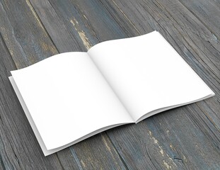 Open soft-cover book on a wooden table. 3D rendering.