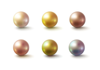 Pearl glossy beads isolated on white background. Gold rose, golden perl balls. Vector 3d metal sphere, shiny capsules
