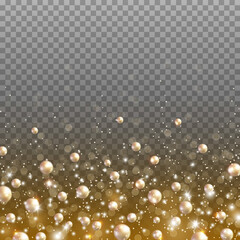 Gold glitter particles and light effect sparks isolated on transparent background. Vector glow golden shimmer confetti texture with pearl glossy beads for Christmas, New Year luxury card design.