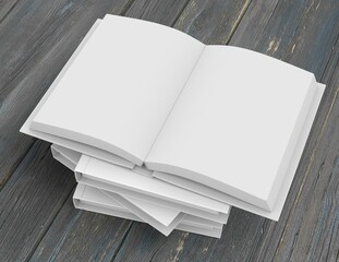 An open book on a stack of books. An empty white book with a hardcover. 3D rendering.