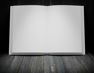 An empty open book against a wooden wall. Template for text. 3D rendering.