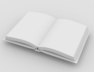 Hard-cover open book on white background. Template of a white blank book. 3D rendering. 