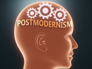 Postmodernism inside human mind - pictured as word Postmodernism inside a head with cogwheels to symbolize that Postmodernism is what people may think about, 3d illustration