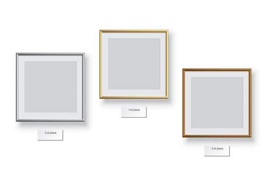 Square podium frames. Golden, silver and bronze borders isolated on white background. Vector illustration